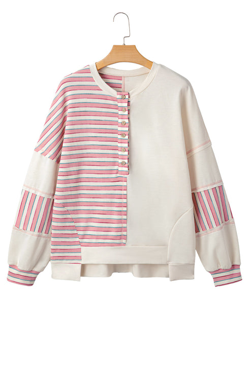 Colorblock Striped Patchwork Henley Pullover Top Exposed-Seam Drop-Shoulder